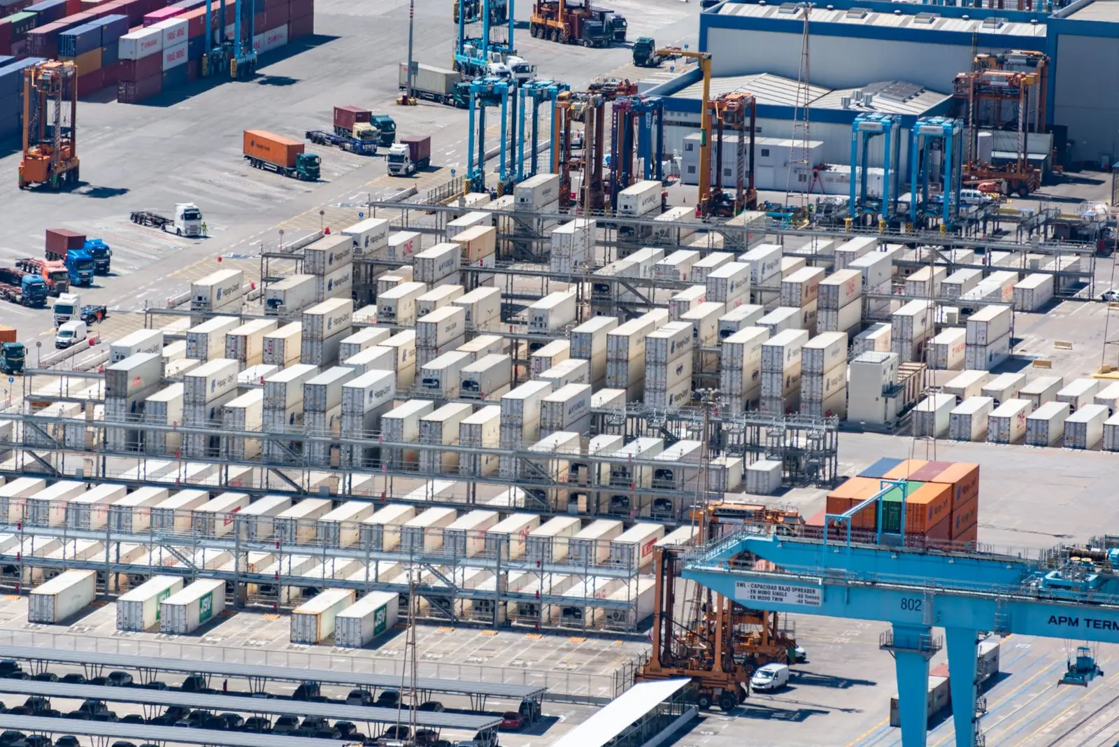 A real international logistics terminal with shipping containers and transport equipment